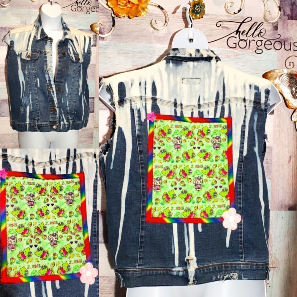 Upcycled Hello Kitty ZOMBIE Bleach Streaked Denim Sleeveless Vest Sz XL 823